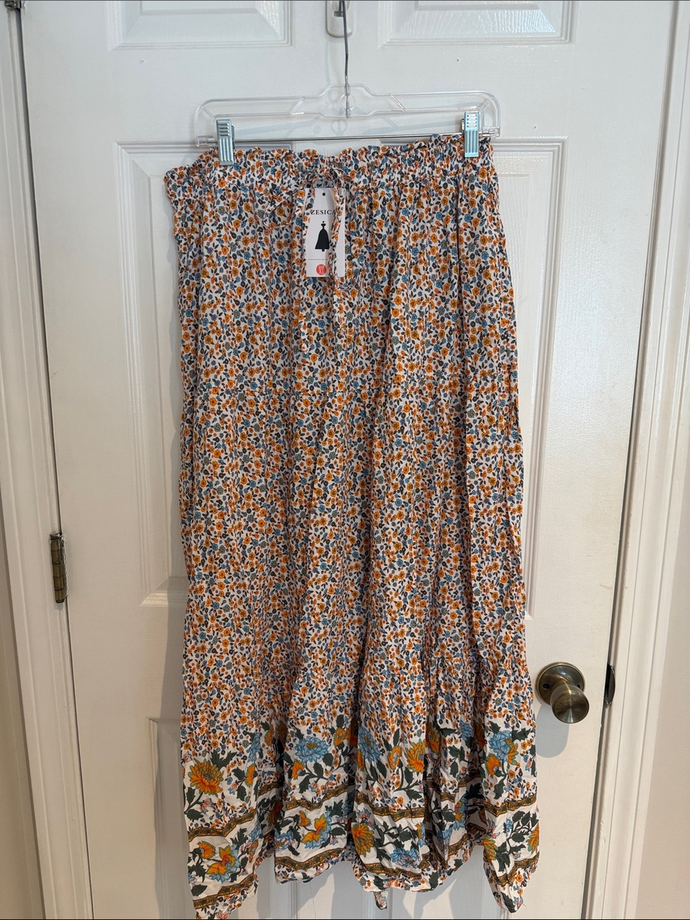 Boho Floral Tiered Maxi Skirt in Orange & Blue